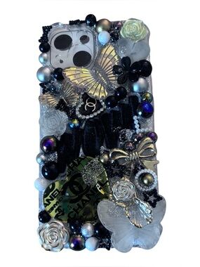 Black Embellished Butterfly Phone Case with Gold Accents